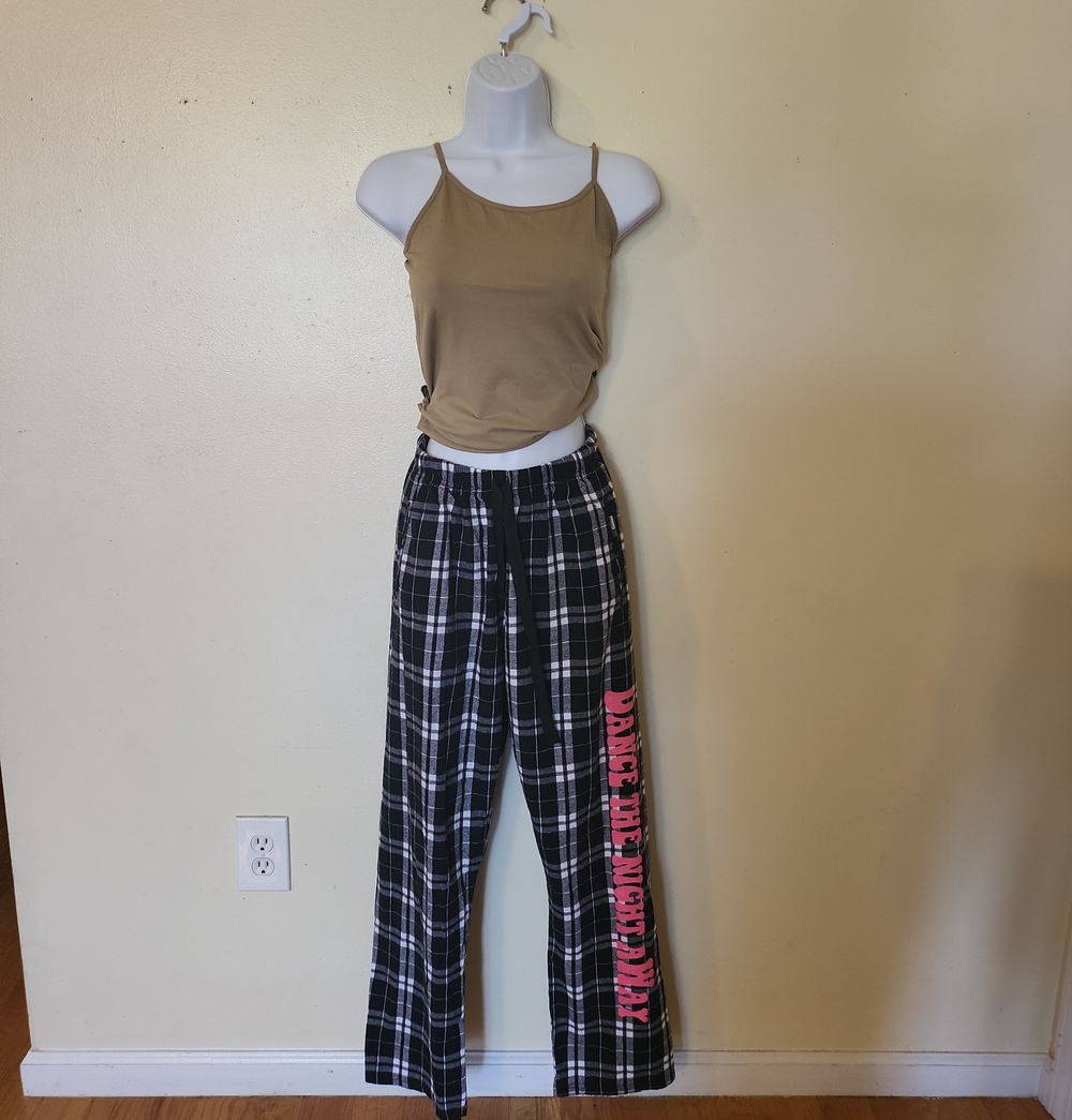 Black & White Plaid Straight-Leg Lounge/Pajama Pants with Pink Side Script